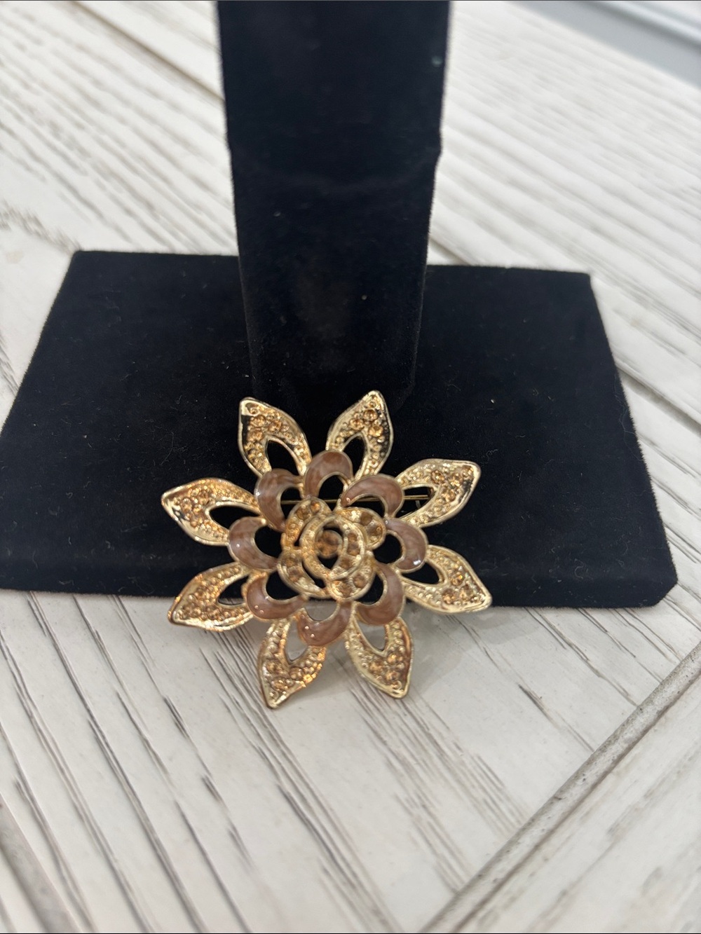 Gold-Tone Floral Brooch with Brown Accents - Women Jewelry Brooches